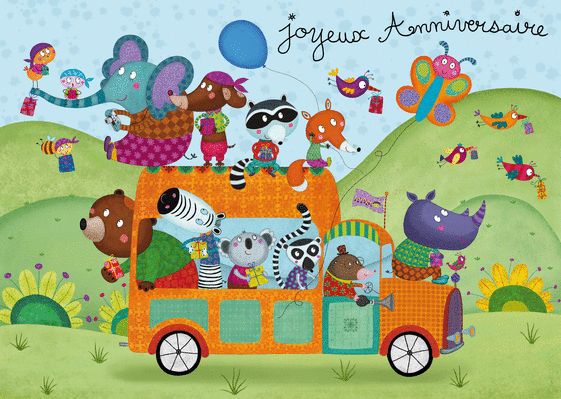 Carte Le Bus Des Animaux En Balade Envoyer Une Vraie Carte Anniversaire Enfant Des 0 99 Merci Facteur